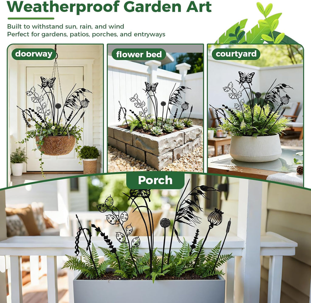 9-Piece Black Metal Butterfly Meadow Garden Stake Set | Heights from 9.8 to 11.8 in, slim push-in silhouettes for pots