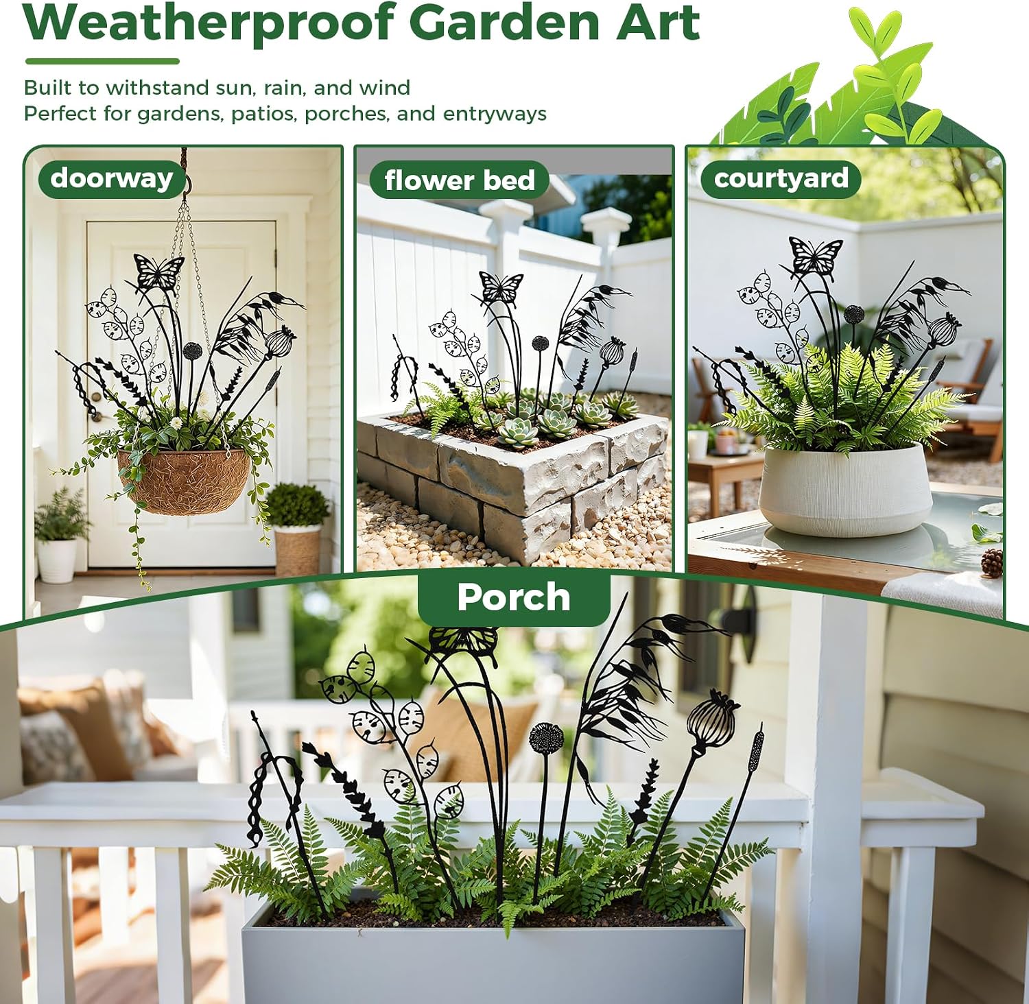 9-Piece Black Metal Butterfly Meadow Garden Stake Set | Heights from 9.8 to 11.8 in, slim push-in silhouettes for pots
