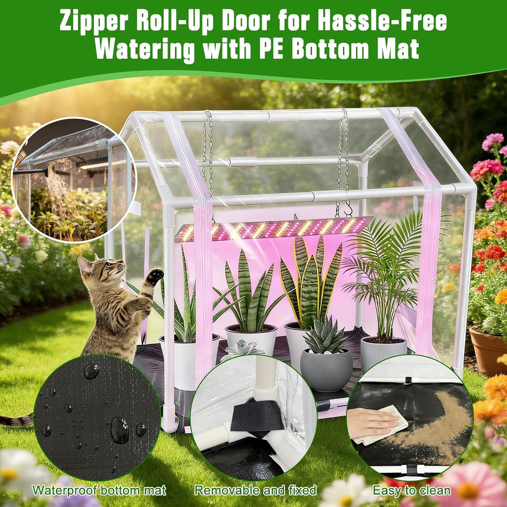 Mini Greenhouse with Grow Light for Indoor, PVC Planting Tent with Waterproof Mat & Zipper Door,15W Full-Spectrum LED