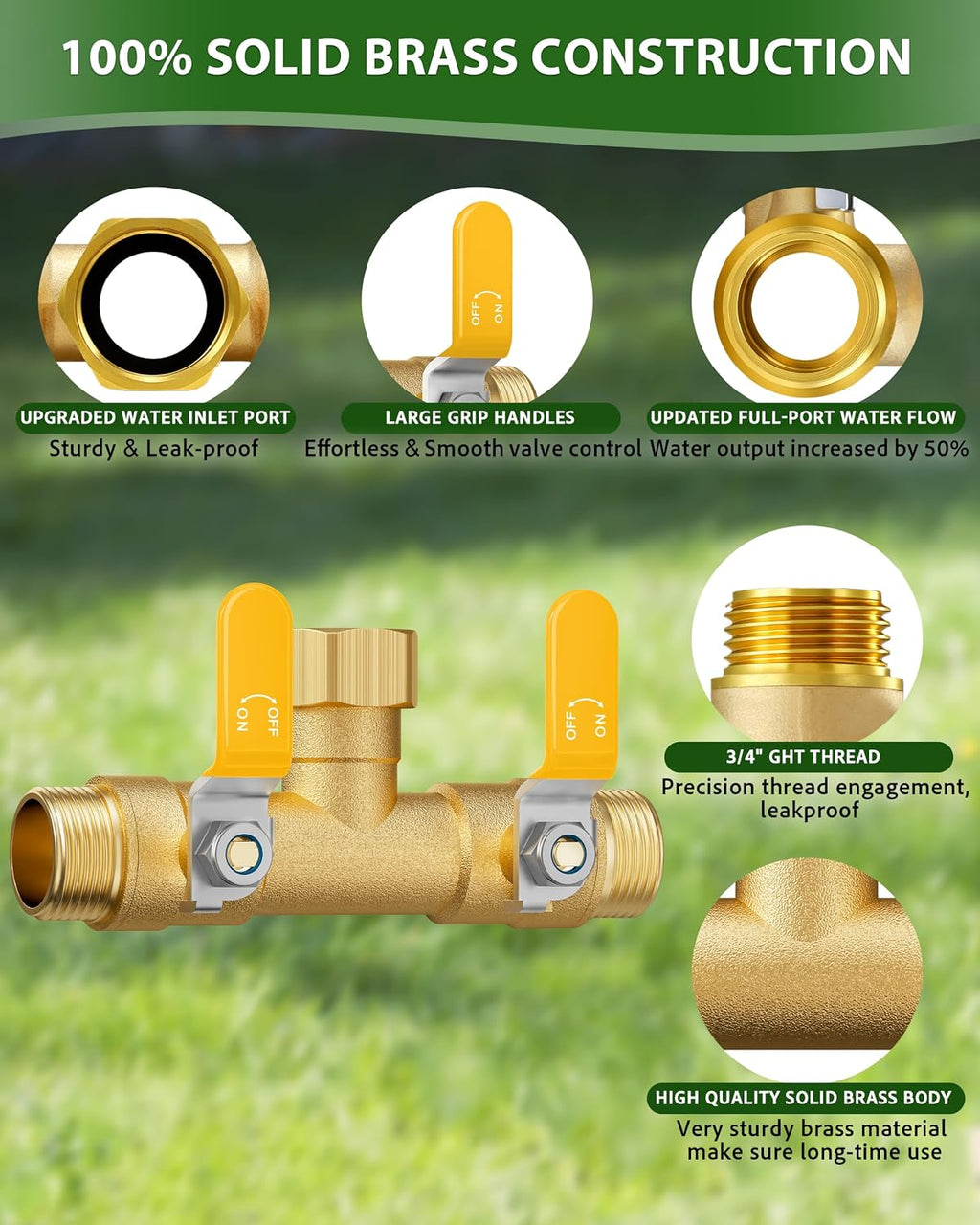 Hose Splitter 2 Way, Heavy Duty Brass Garden Hose Splitter | 0.59" Full Flow Ball Valve Outlet, Shut-Off Valve, 3/4"