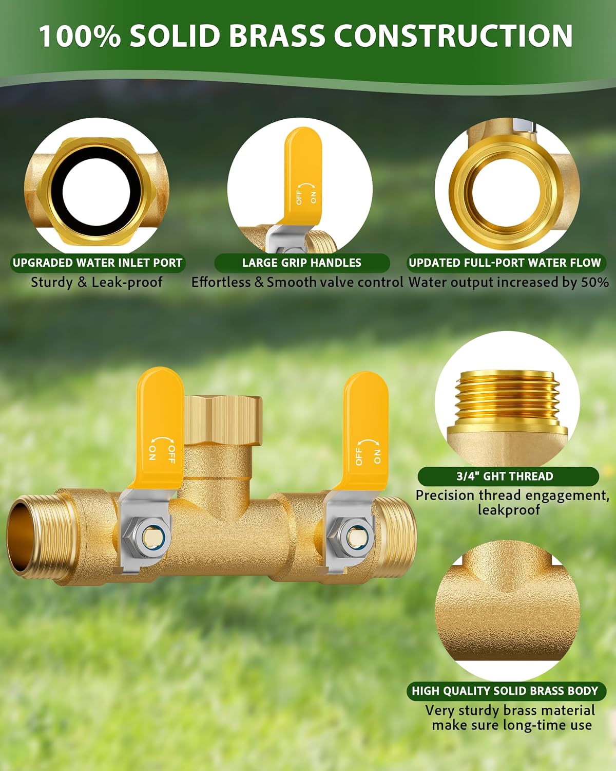 Hose Splitter 2 Way, Heavy Duty Brass Garden Hose Splitter | 0.59" Full Flow Ball Valve Outlet, Shut-Off Valve, 3/4"