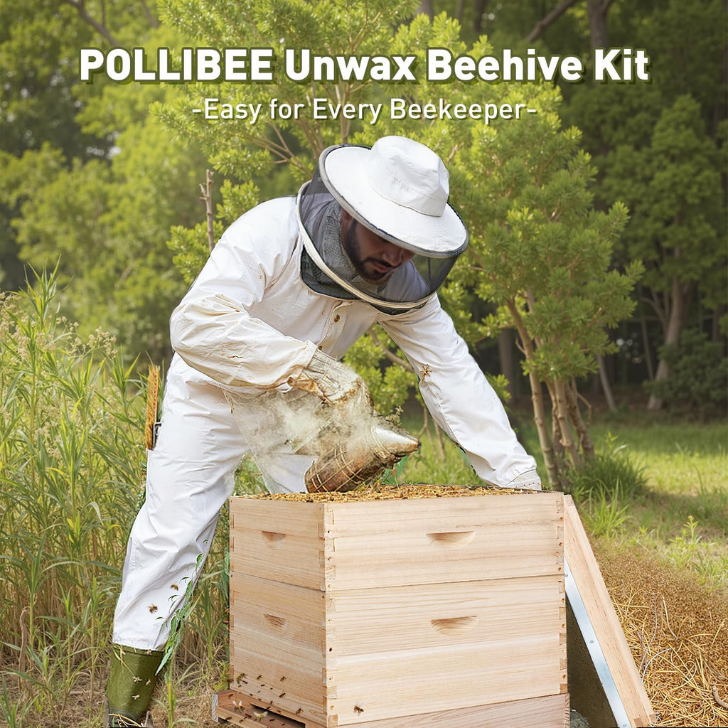 POLLIBEE Bee Hive,10 Frame Beehive Boxes Starter Kit, Langstroth Beehives Include 2 Deep Hive Boxes and 1 Medium Super