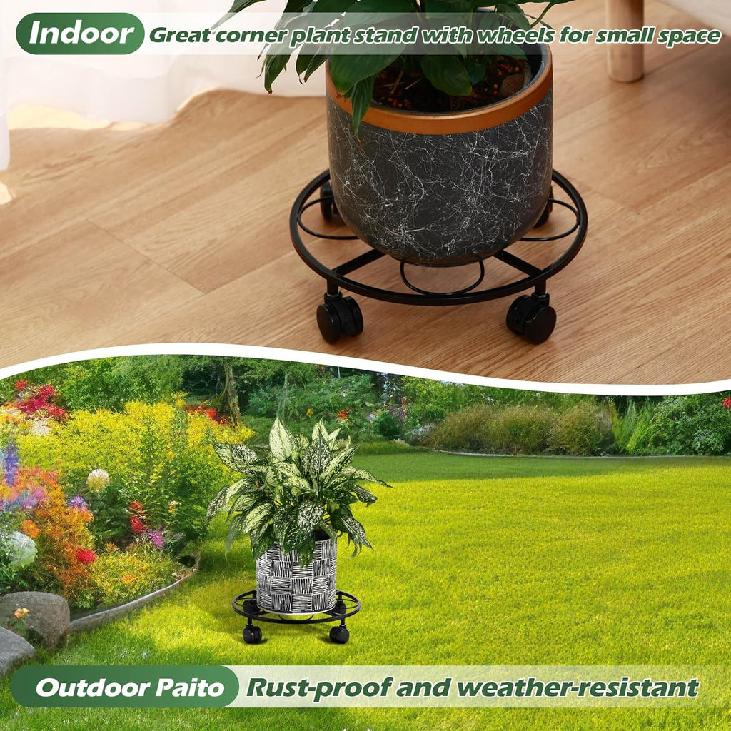 5 Packs 13.5 inches Large Metal Plant Caddy with Wheels Round Planter Dolly Pot Mover Rollers Wrought Iron Rolling