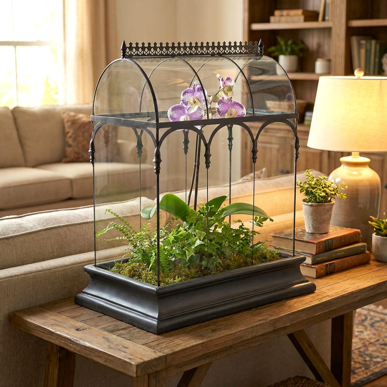 H Potter Large Glass Terrarium 22 Inch Tall, Curved Glass Wardian Case Planter with Resin Base, Indoor Display for
