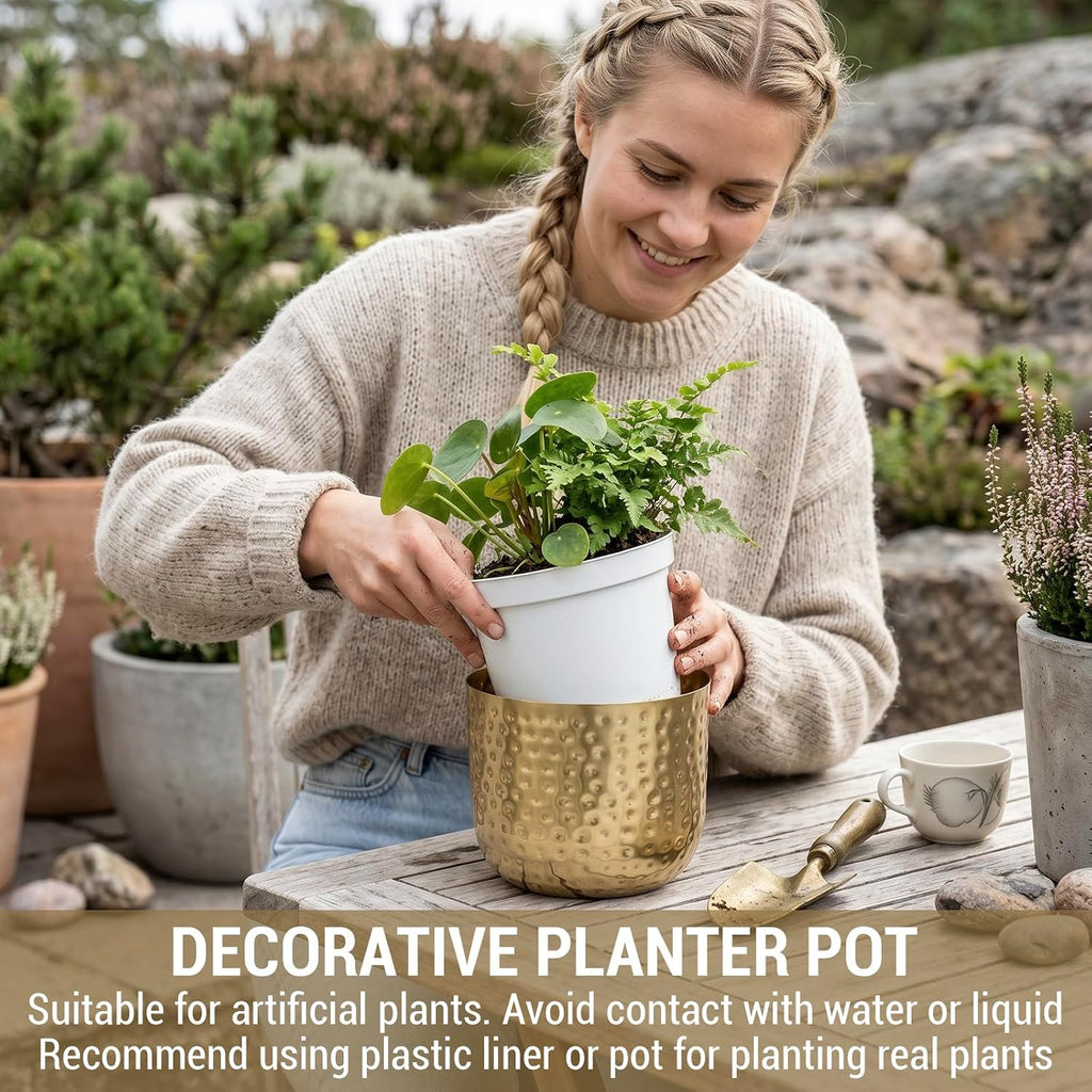 MyGift 6-Inch Shiny Brass Tone Metal Plant Pot with Hammered Texture, Cylindrical Indoor Succulent Planter