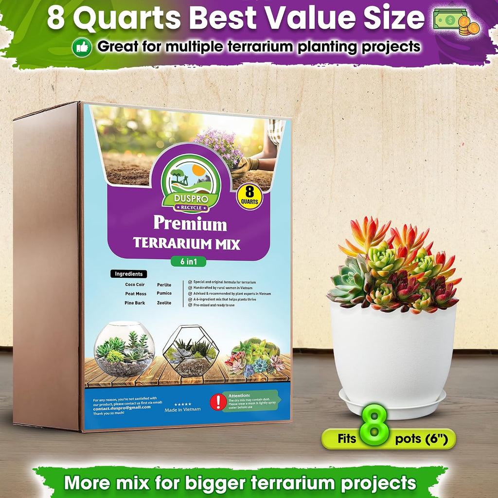 6-in-1 Terrarium Soil Mix, Pre-Mixed & Ready to Use, 8QT | Terrarium Substrate Mix with Coco Coir, Peat Moss, Pine