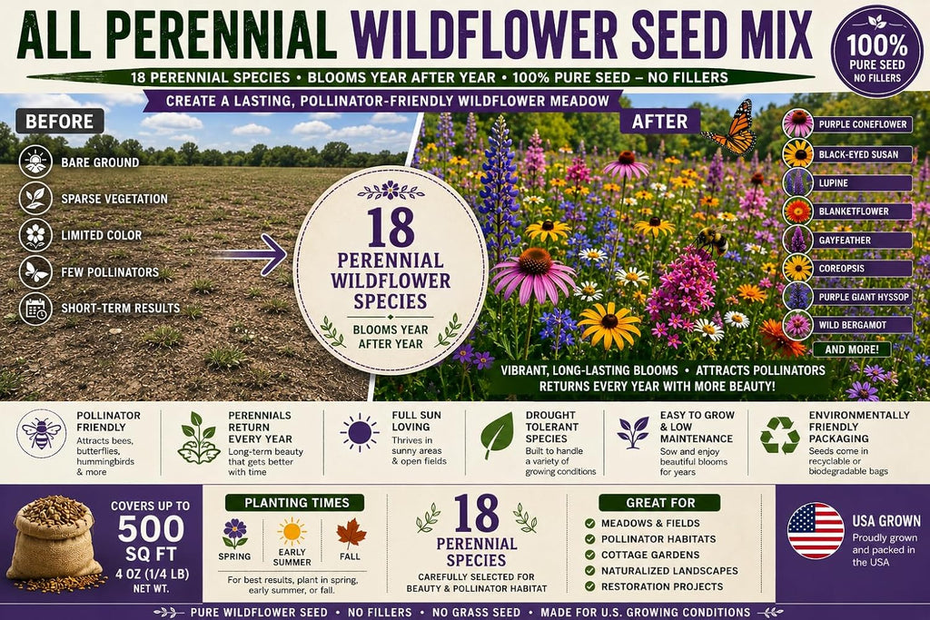 All Perennial Wildflower Seed Mix – 18 Species, 1/4 lb Covers 500 Sq Ft, Non-GMO, Pollinator Friendly, Blooms Year