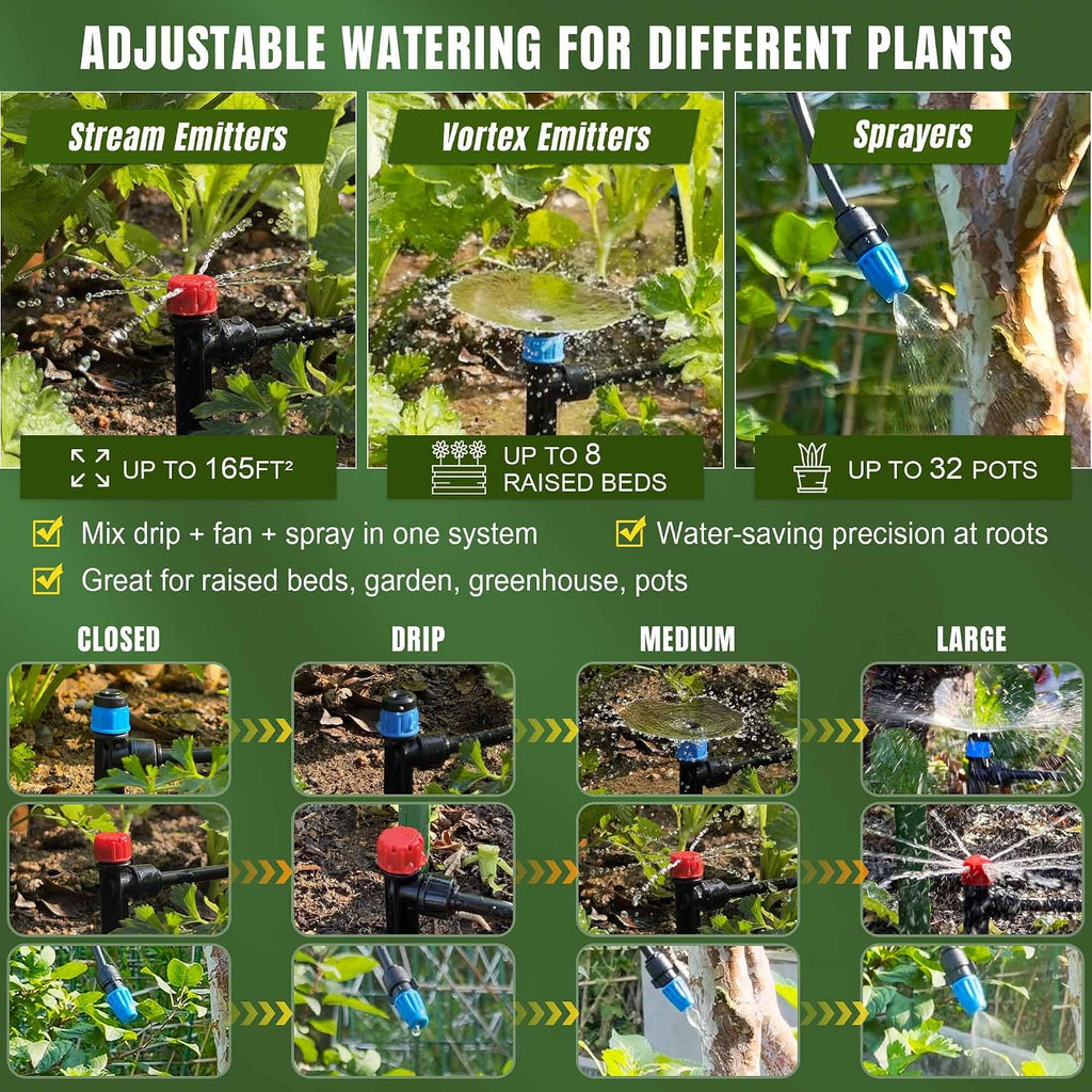 Push-to-Connect Drip Irrigation System Kit, 2-Zone Garden Watering System with 50FT 1/2" Mainline, Leak-Resistant Quick