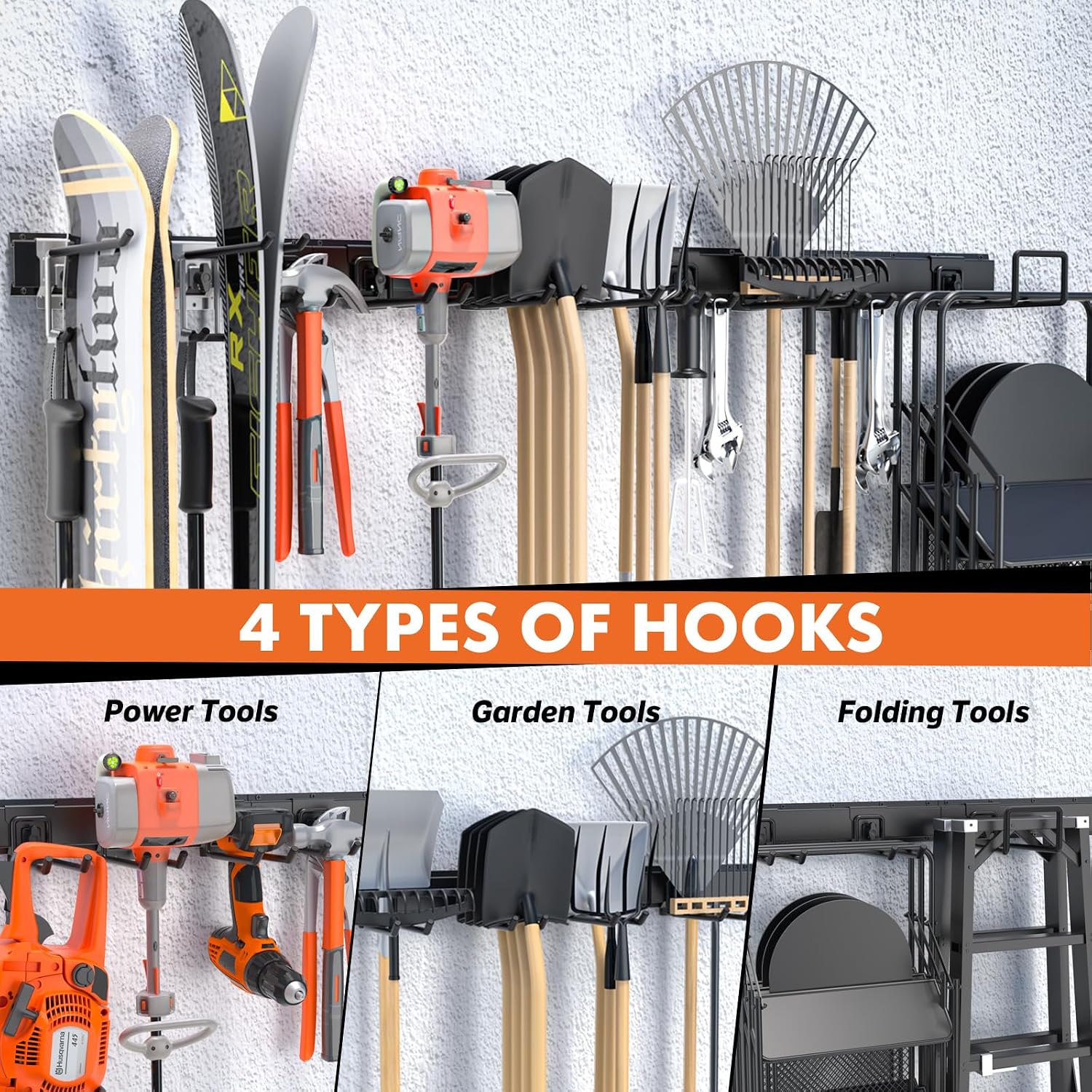 64'' Garage Tool Organizer Wall Mount, 620lbs Heavy Duty Metal Storage Rack | Adjustable Hooks Garden Tool Organization