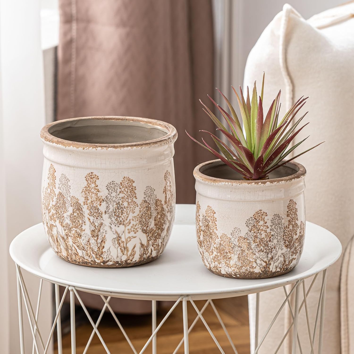 SURE YUESI Ceramic Plant Pots Set of 2, 4.7+5.7 Inch Vintage Indoor Planters with Drainage Hole, Farmhouse Ceramic