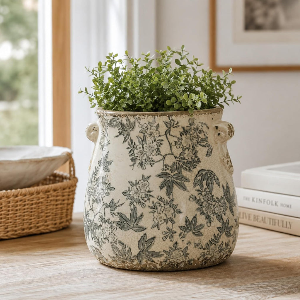 Vintage Grey Ceramic Ice Crack Glaze Flower Pot with Drainage Holes and With Handle, Country Rustic Planters for Indoor