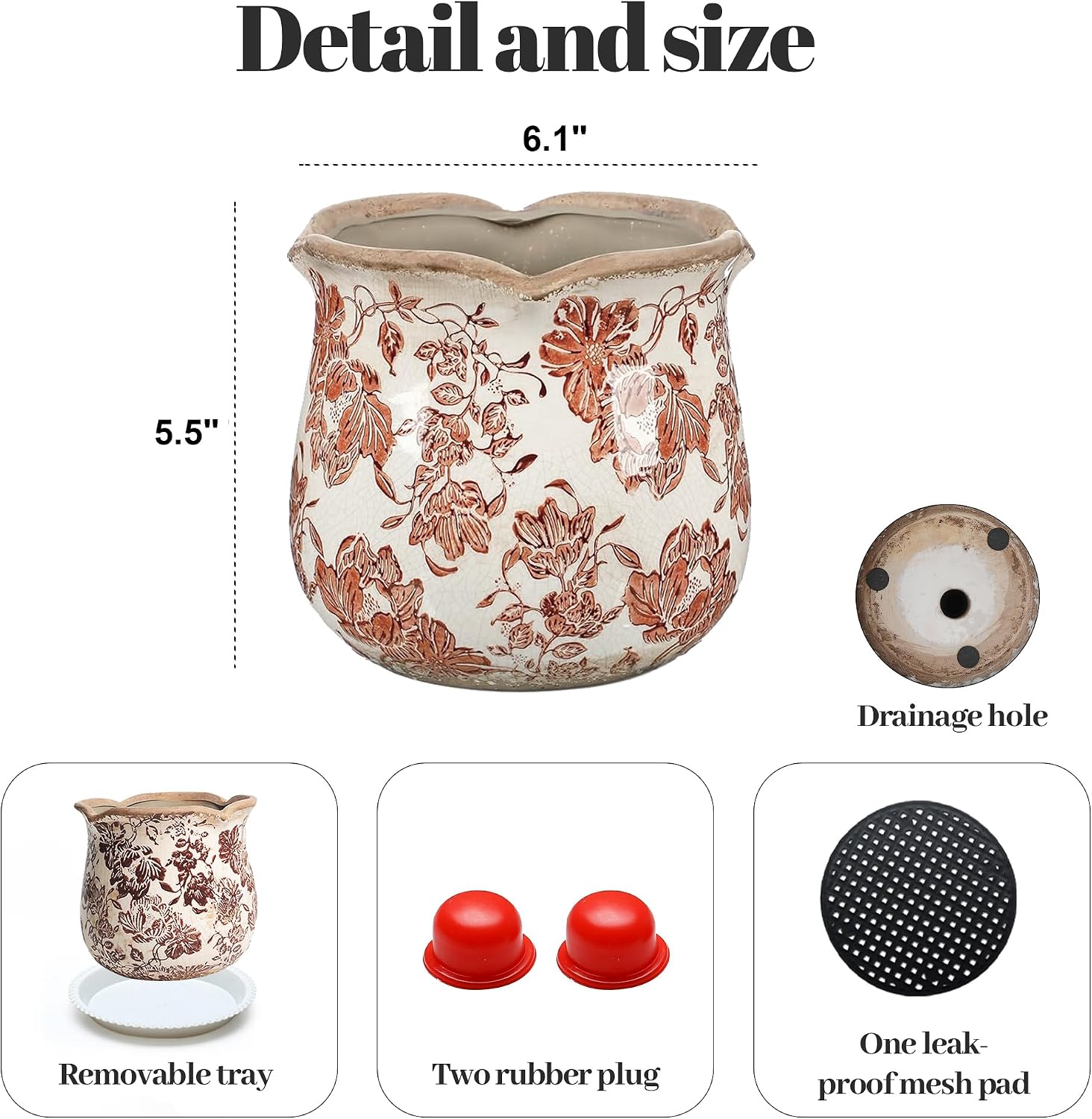 Tuscan Ceramic Planter with Floral Edges Vintage Planter Flower Pot Vase | Planter with Drainage Hole, Ice Crack