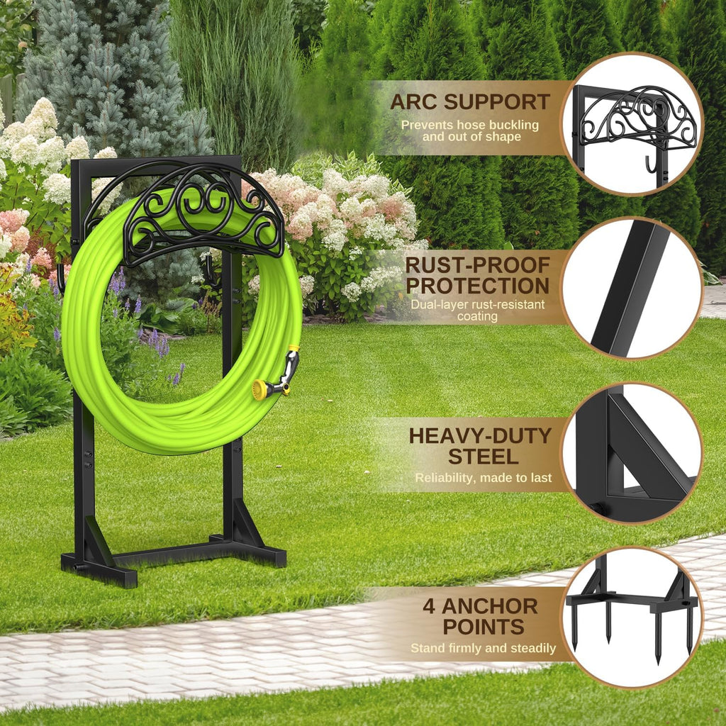 Freestanding Garden Hose Stand, Heavy Duty Water Hose Holder with Tool Hooks, 4 Anchoring Spikes, 150 ft Storage for