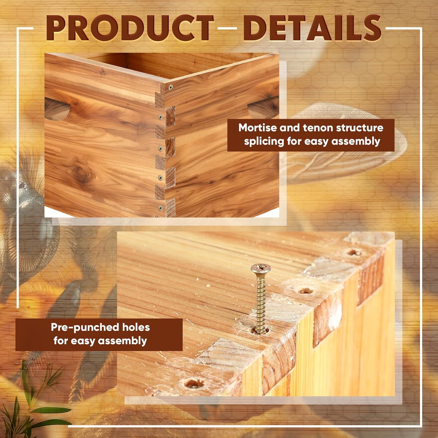 Colingmill 1 Pieces Deep Bee Box for 10 Frame Unassembled Hive Brood Box with Wax Coating,Beekeeping Brood Boxes with