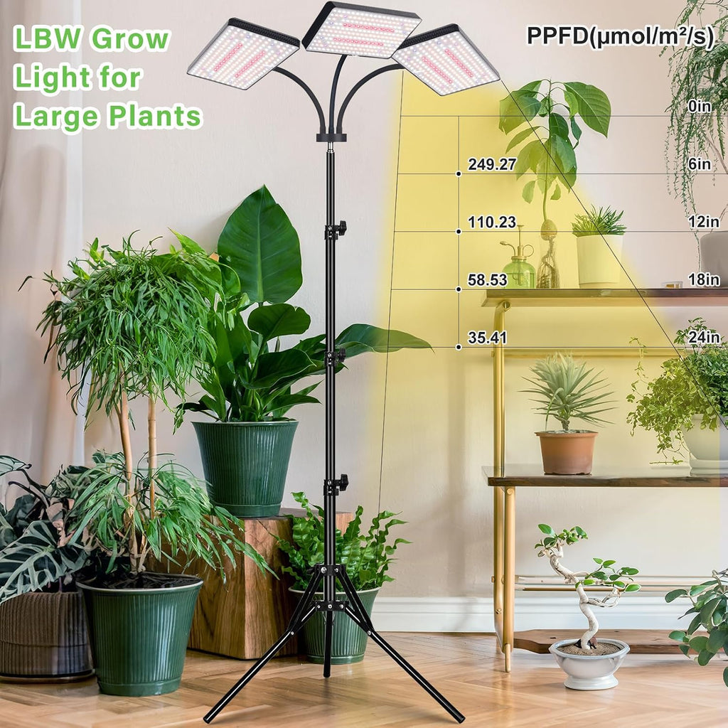 LBW Grow Light for Indoor Plants, 642 LEDs Grow Light with Stand | 3-Head Full Spectrum, 3/6/12H Auto Timer, 6
