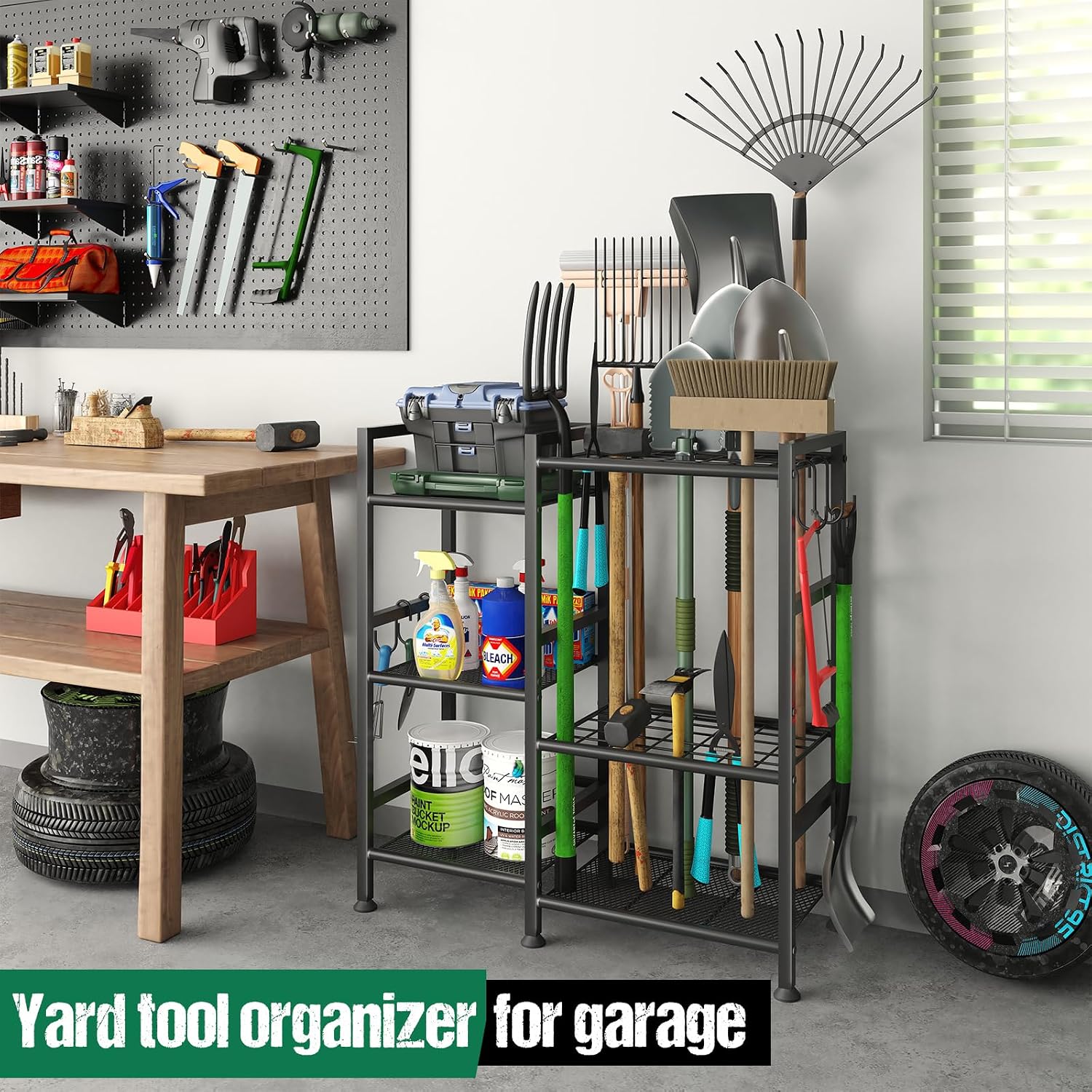 keomaisyto Garden Tool Organizer with Large Hooks, Garage Storage Rack | 3 Tier Yard Tool Holder with 35 Long-Handled
