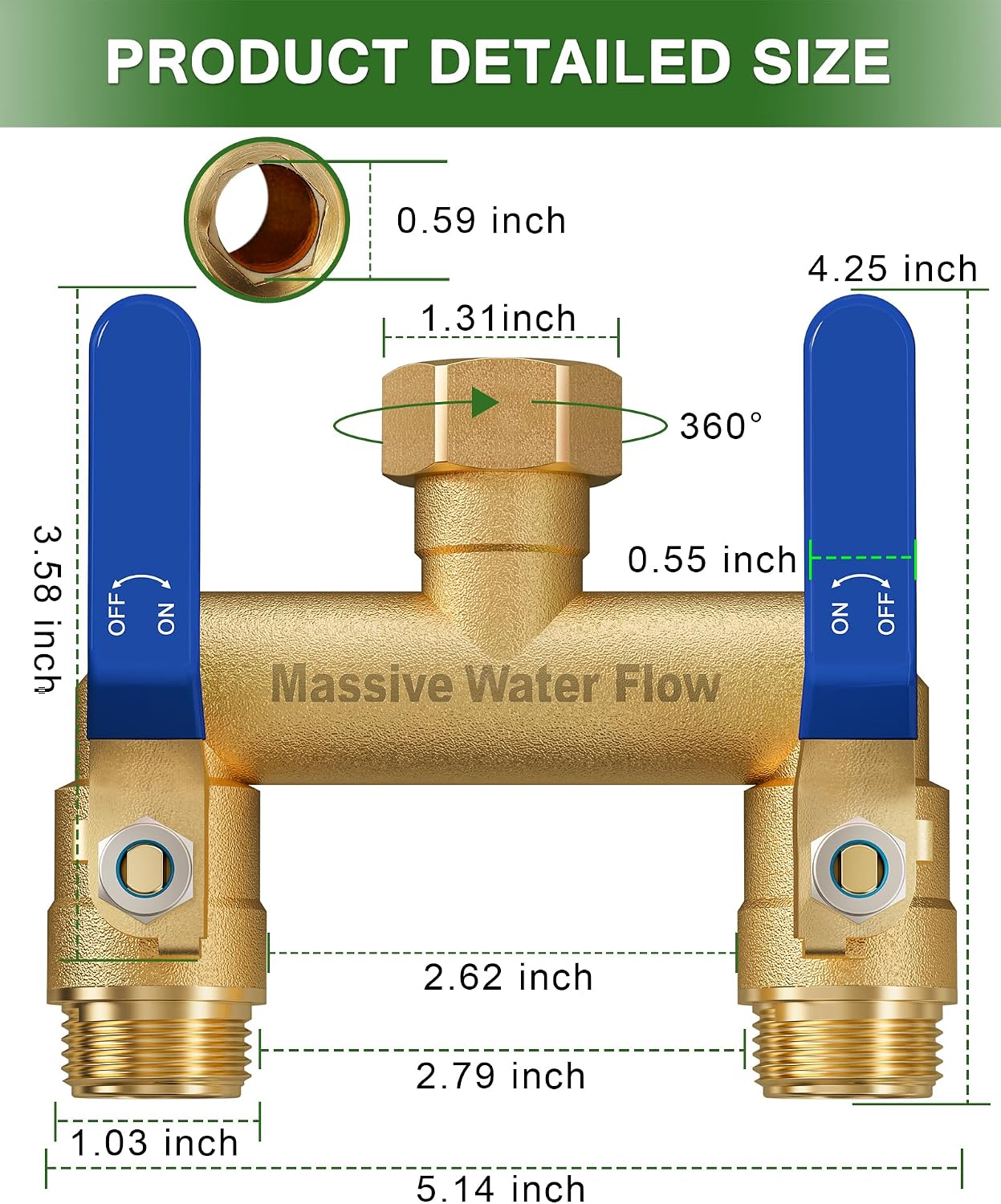 Hose Splitter 2 Way Heavy Duty, Full Flow Garden Hose Splitter with 2 Long Metal Handles, Brass Rust and Freeze