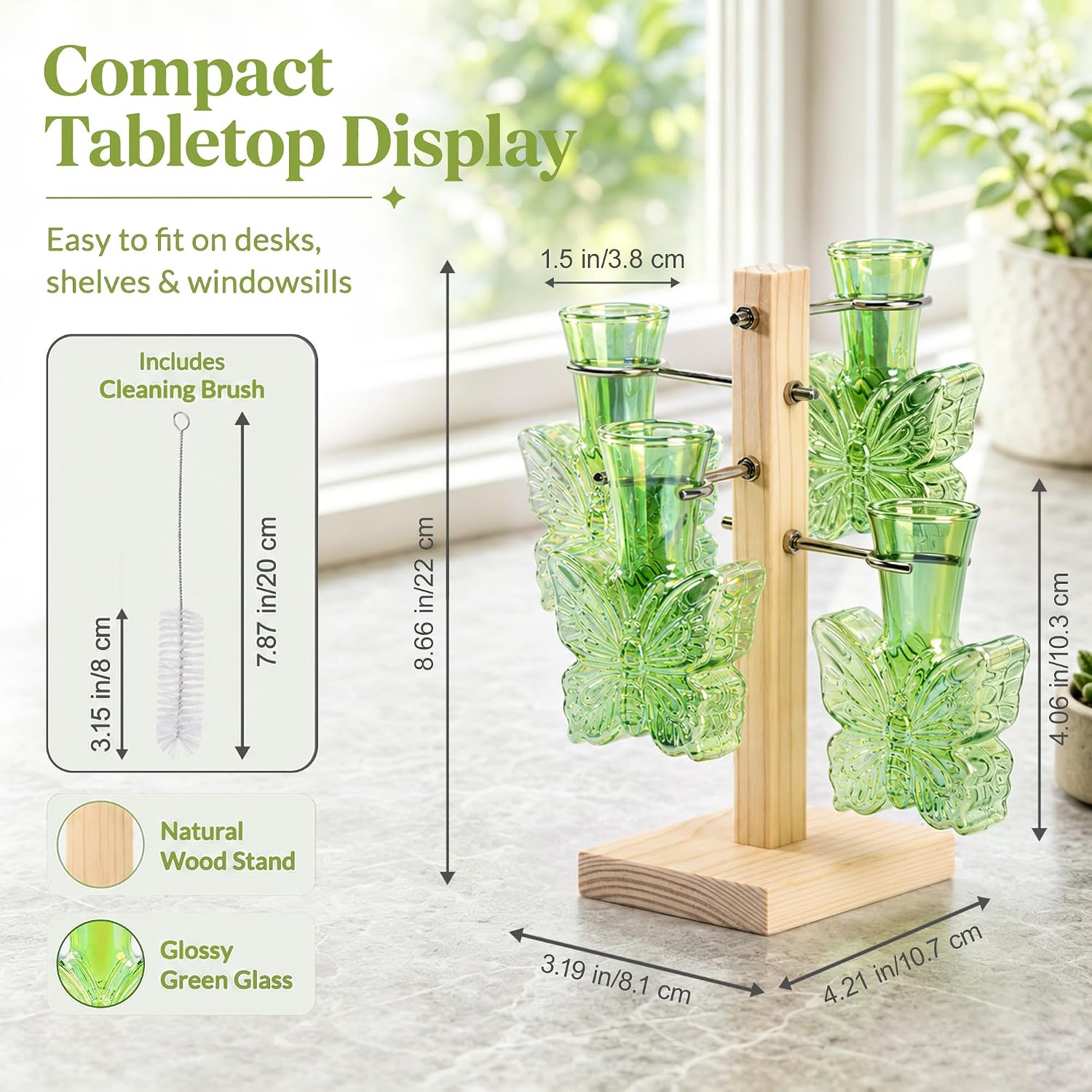 Plant Terrarium Propagation Stations: Green Vase with Wooden Stand | Irised Crystal Clear Glass, Butterfly Shaped, Home