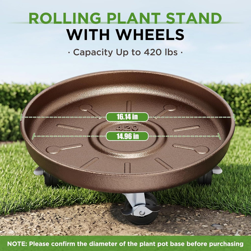 Plant Caddy With Wheels 16" Metal Plant Saucers for Indoors 420 Lb Capacity | Rolling Plant Stand, 360° Locking Casters