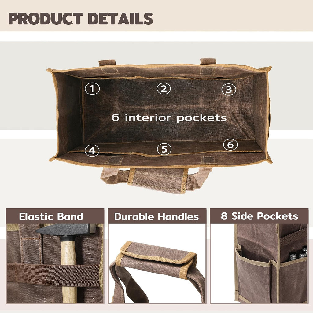 Canvas Large Tool Bag - A Large Main Pocket and 14 Insert Pockets Garden Tool Tote Bag - Durable 16oz Waxed Canvas Tool