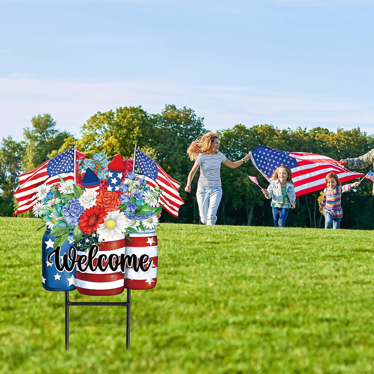JarThenaAMCS Patriotic Flower Metal Garden Stakes 4th of July American Flag Floral Vase Decorative Lawn Sign Welcome