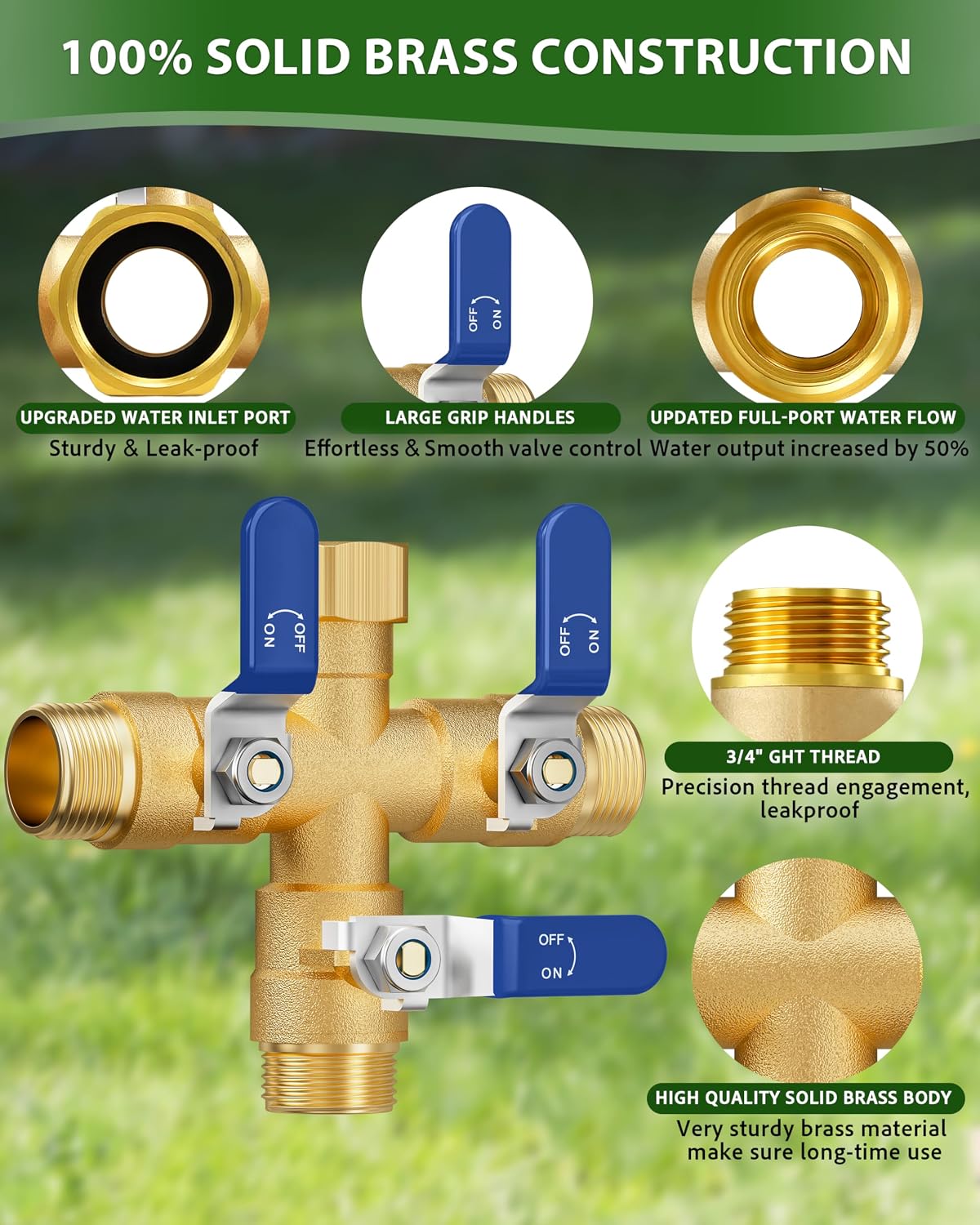 Garden Hose Splitter, 3 Way Heavy Duty Brass hose splitter, Water Hose Bib Spigot Splitter with 0.59" Full Flow Ball