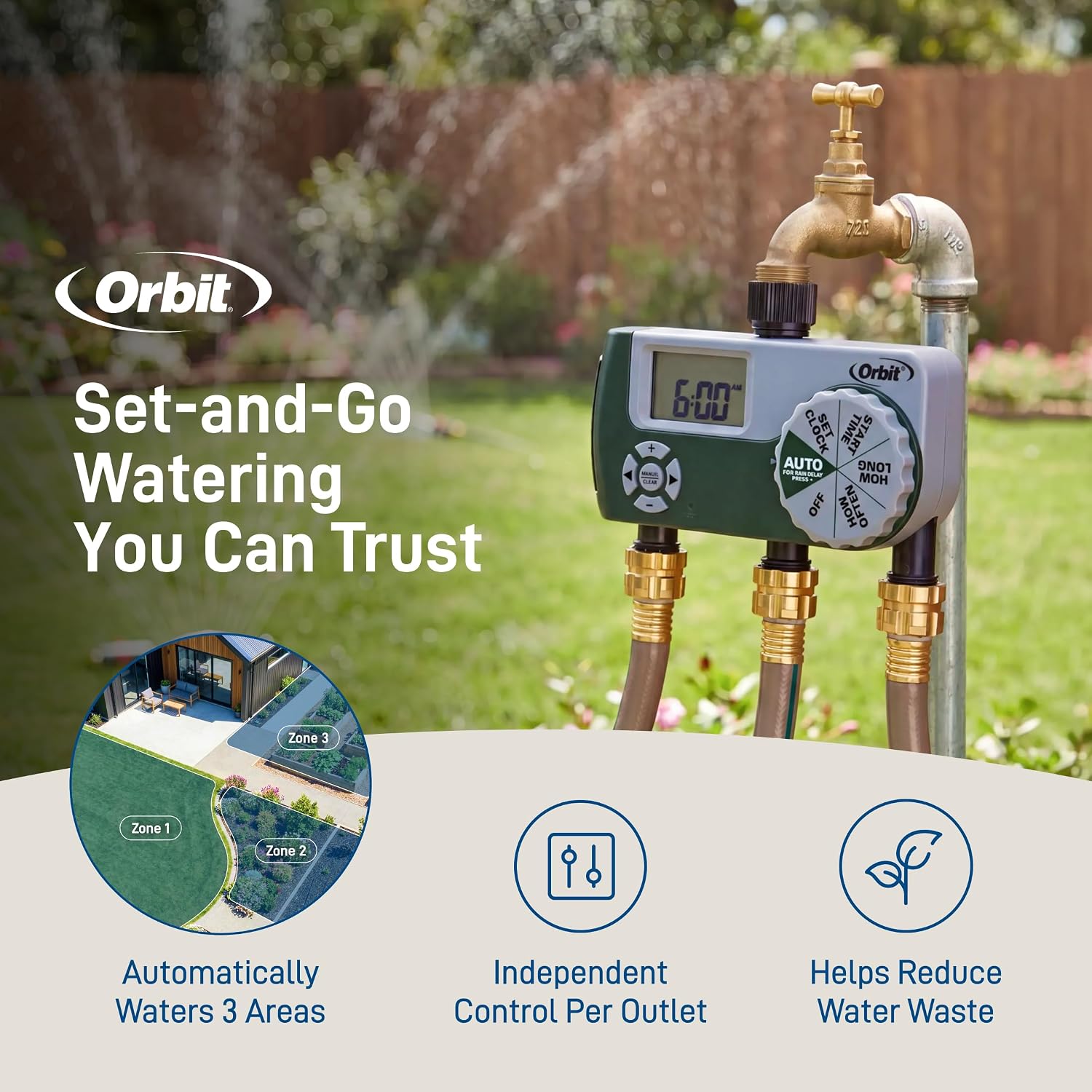 Orbit Programmable Digital Hose Watering Timer - 3 Outlet - Battery Powered - with LCD Screen - Built-in Rain Delay