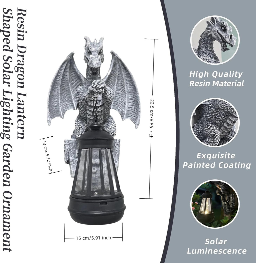 Solar-Powered Dragon Statue, 9 inch Outdoor Garden Decoration | Solar Light, Waterproof, Wall Hanging, Resin Sculpture