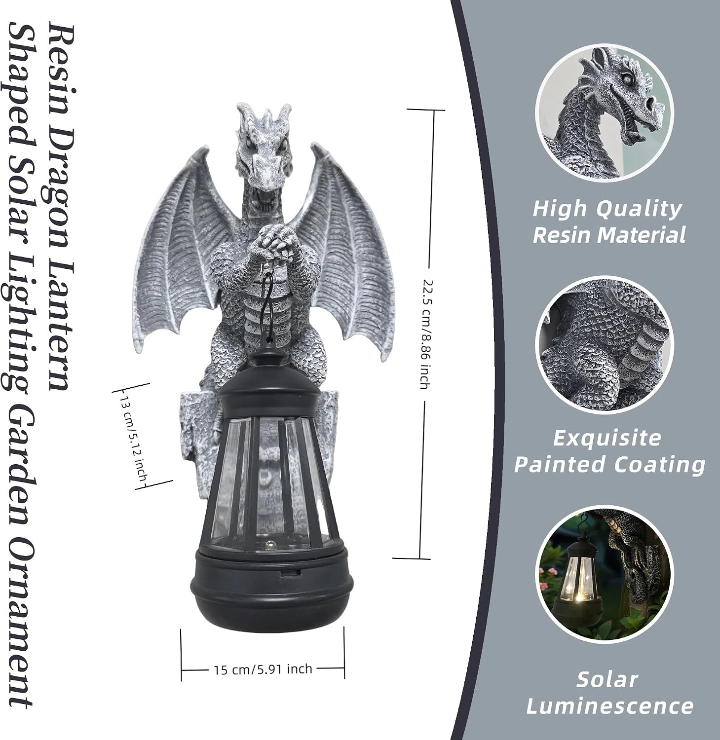 Solar-Powered Dragon Statue, 9 inch Outdoor Garden Decoration | Solar Light, Waterproof, Wall Hanging, Resin Sculpture