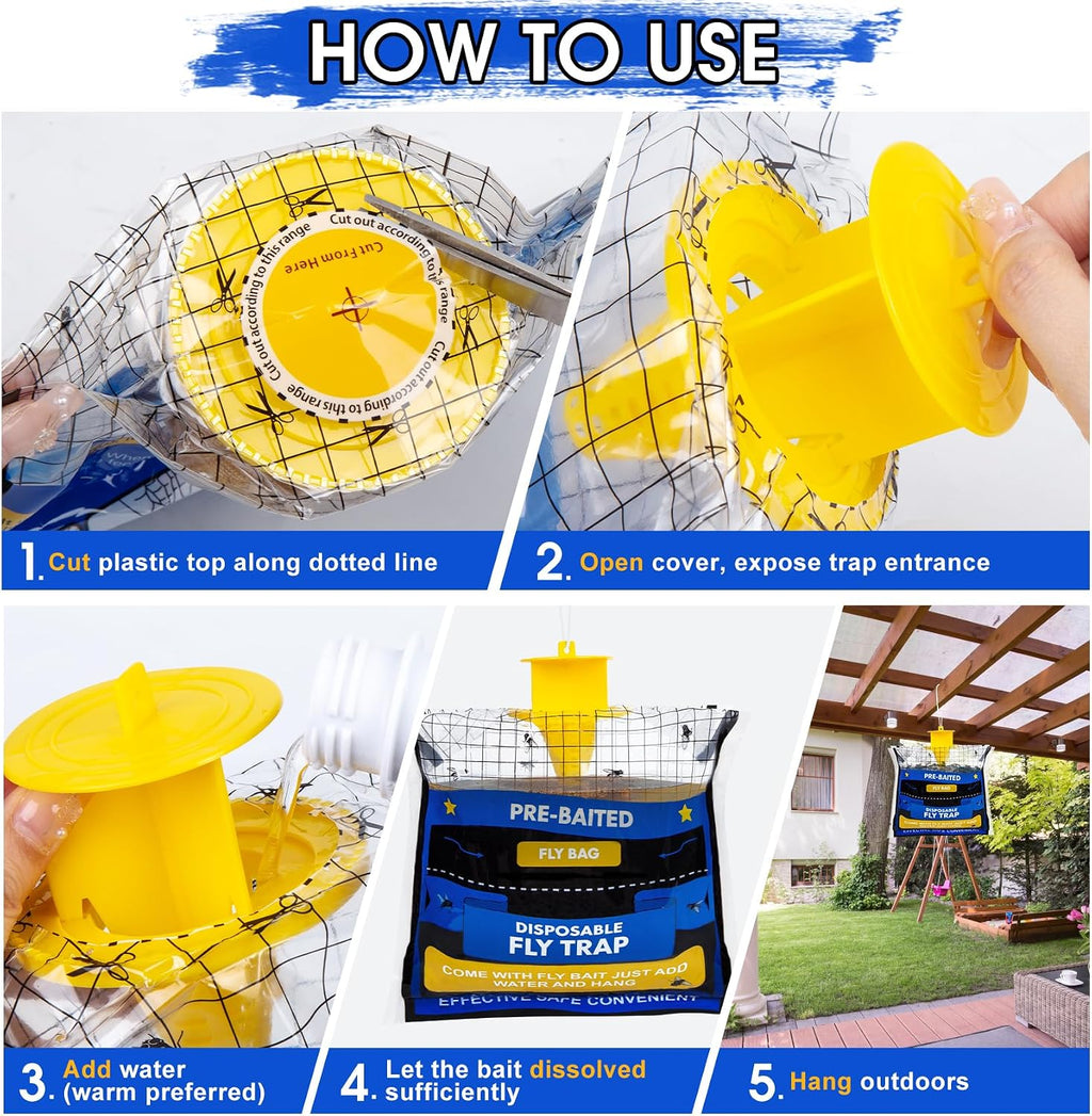 10 Pack Pre-Baited Fly Traps Outdoor Fly Bags for Patio Farm Ranch | 30g Dissolvable Bait Fly Hunter for Flying
