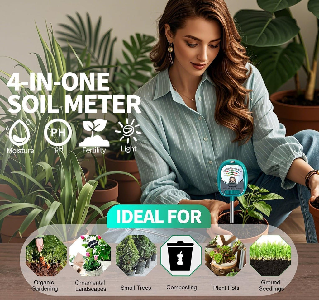 Soil Tester, Soil Moisture Meter/Soil pH Meter/Sun-Light/Fertility for Gardening, Large Dial Soil pH Tester Plant Water