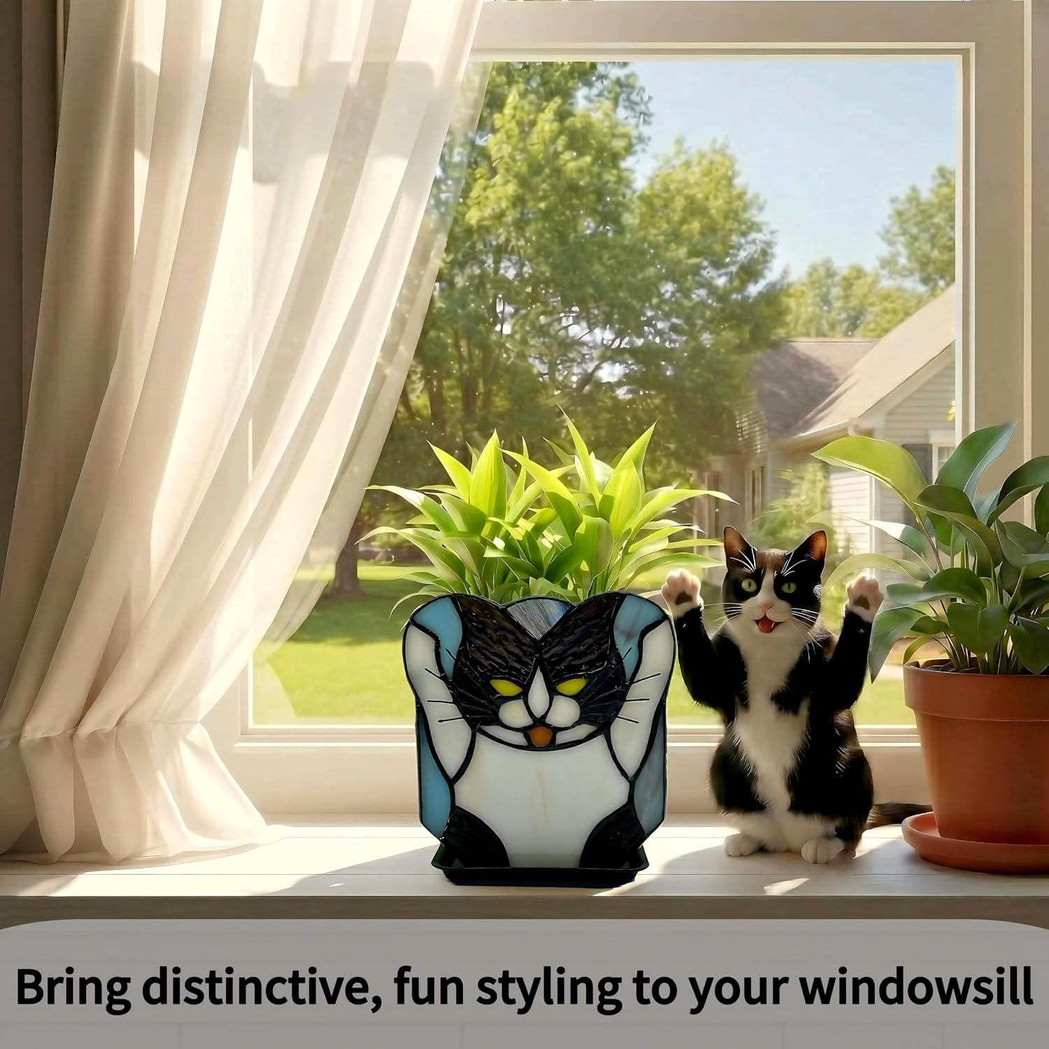 Stained Glass Black Cat Planter, Succulent Pot with Drainage, Indoor Plant Container, Decorative Pencil Holder, Teacher