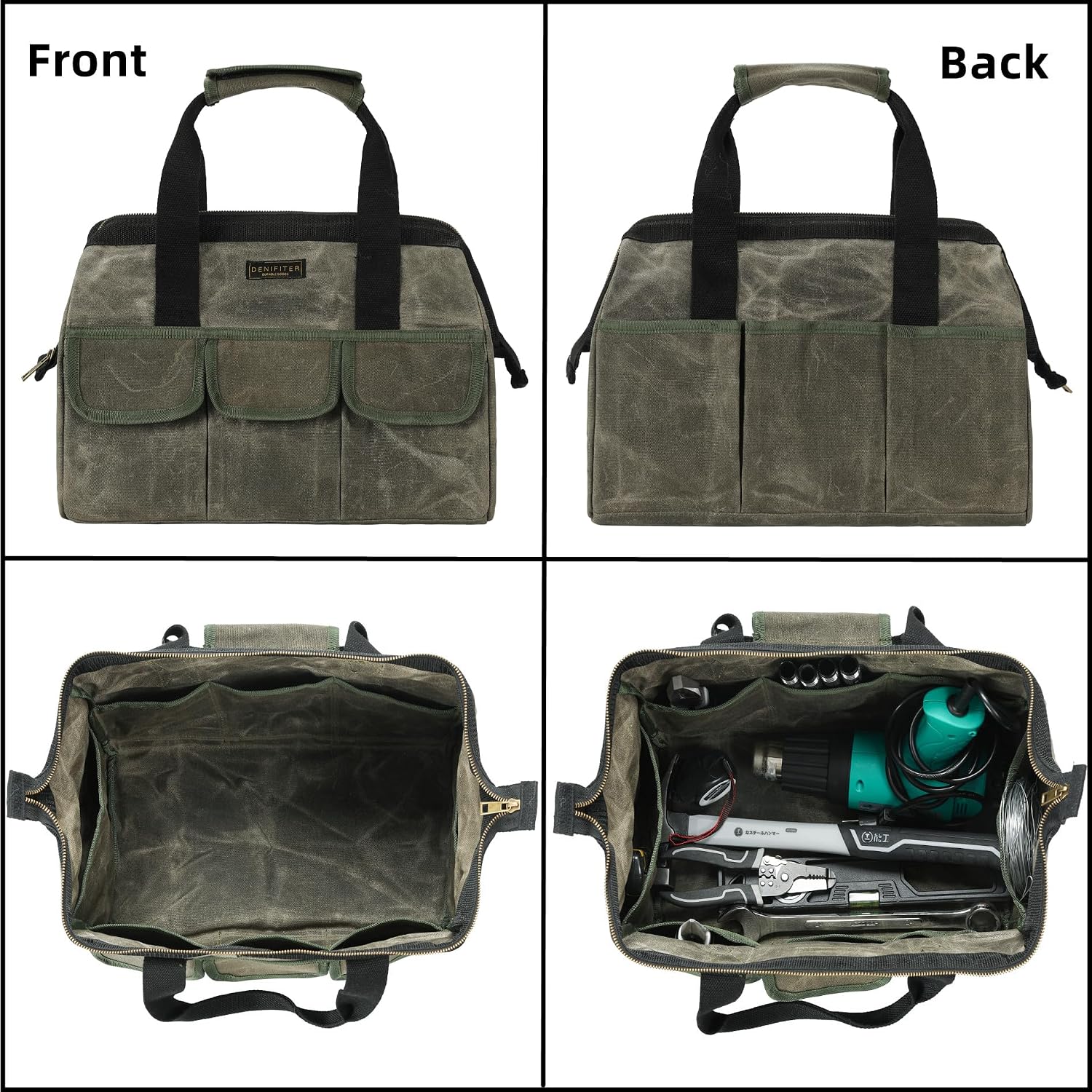 15 Inch Tool Bag, Heavy Duty Waxed Canvas Wide Mouth Water-Resistant Tool Pouch, Garden Tool Tote with 15 Pockets