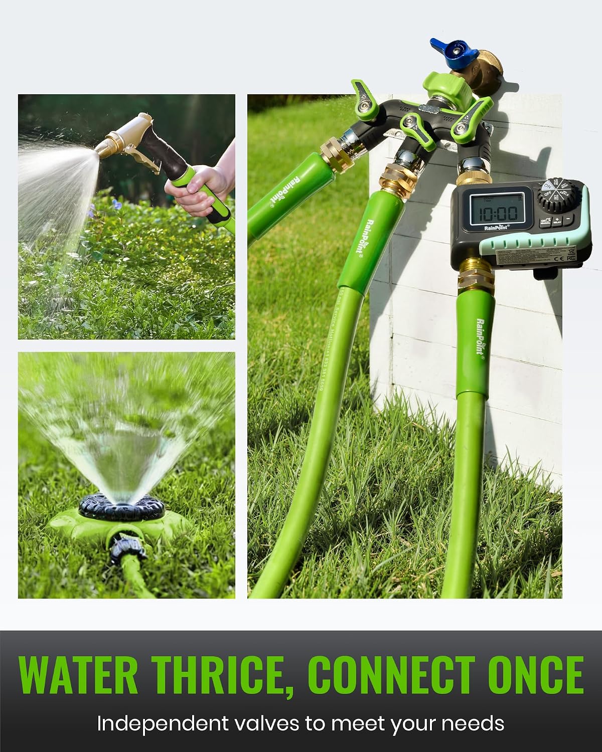 RAINPOINT 3 Way Hose Splitter, 100% Metal Heavy Duty Garden Hose Splitter With 1.9" Extra Long Handle & Individual Shut