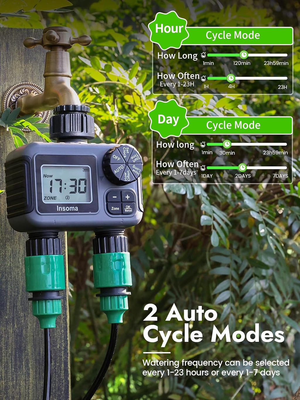 Insoma 2-Zone Sprinkler Timer, Programmable Garden Hose Timer with Auto/Manual/Rain Delay Modes | Water-Saving