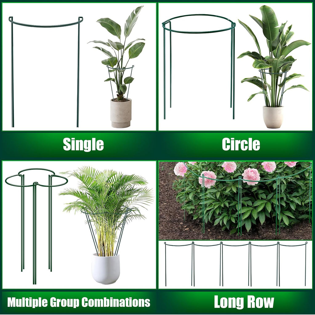 8 Pack Peony Support Cages, 10" W x 16" H Half Round Peony Plant Supports, Heavy Duty Metal Plant Support Stakes, Green