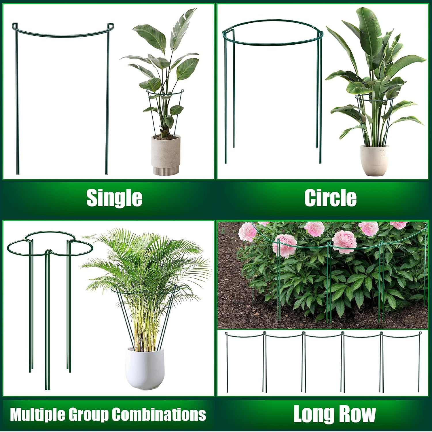 8 Pack Peony Support Cages, 10" W x 16" H Half Round Peony Plant Supports, Heavy Duty Metal Plant Support Stakes, Green