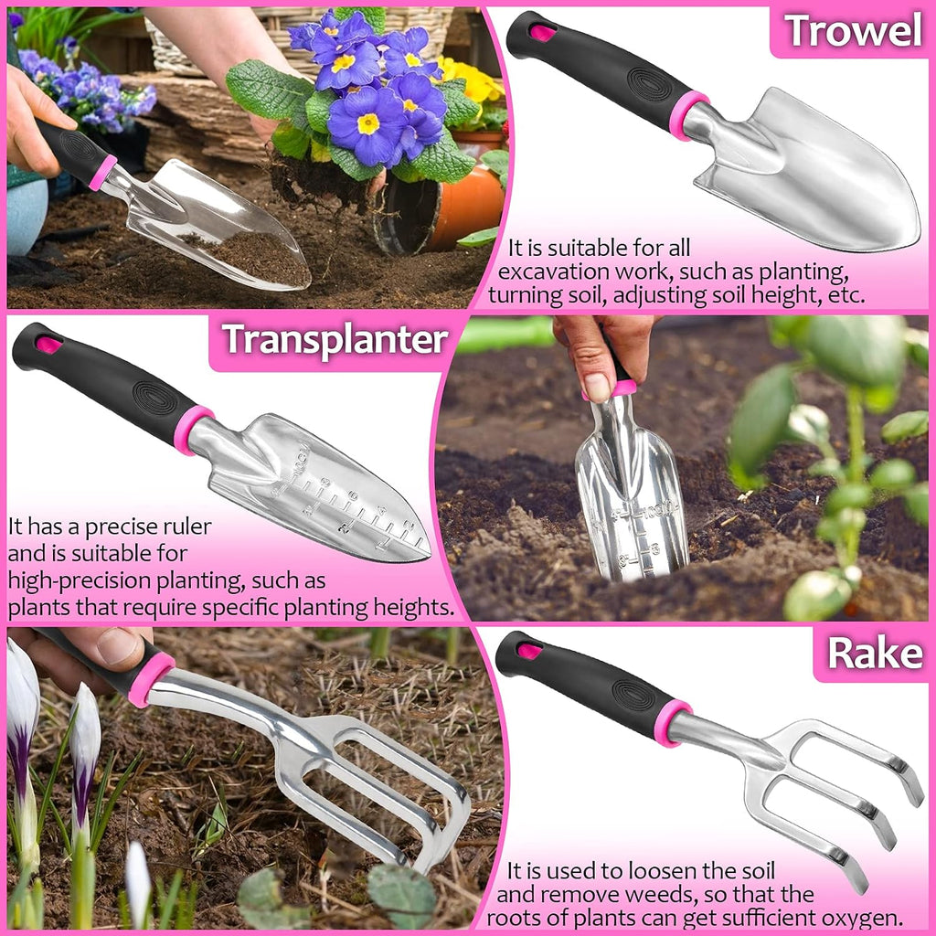 THINKWORK Pink Garden Tools, Gardening Gifts for Women, with 2 in 1 Detachable Storage Bag, Trowel, Transplanter, Rake