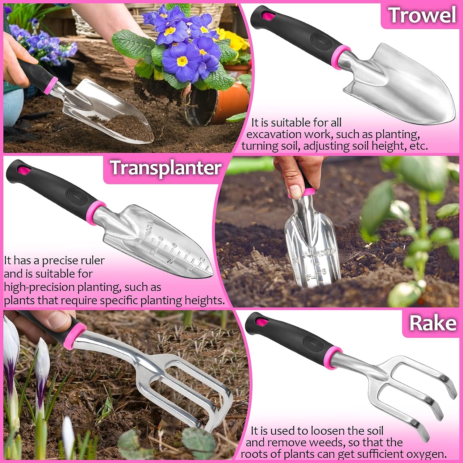 THINKWORK Pink Garden Tools, Gardening Gifts for Women, with 2 in 1 Detachable Storage Bag, Trowel, Transplanter, Rake