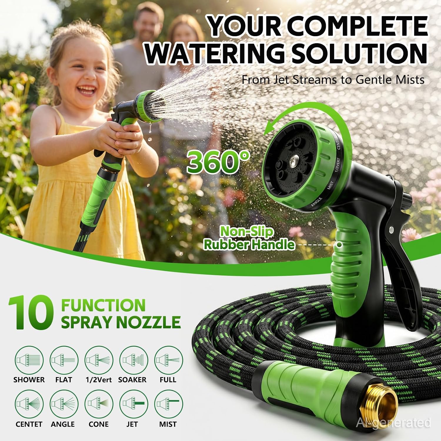 NON-EXPANDABLE Garden Hose 35 FT Water Hose with 10-Function Spray Nozzle | Yard hose Heavy Duty Steel Metal