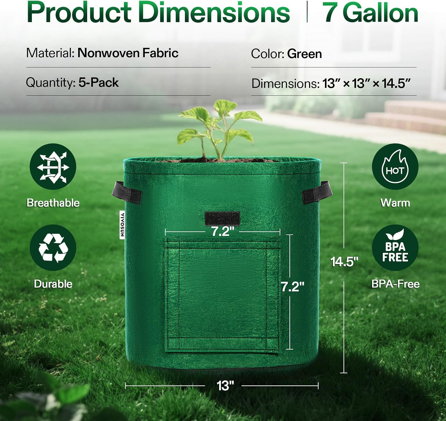 VIVOSUN 5-Pack 7 Gallon Potato Grow Bags, Roll-up Harvest Window | Easy Potato Harvesting, 300G Thick Nonwoven Fabric
