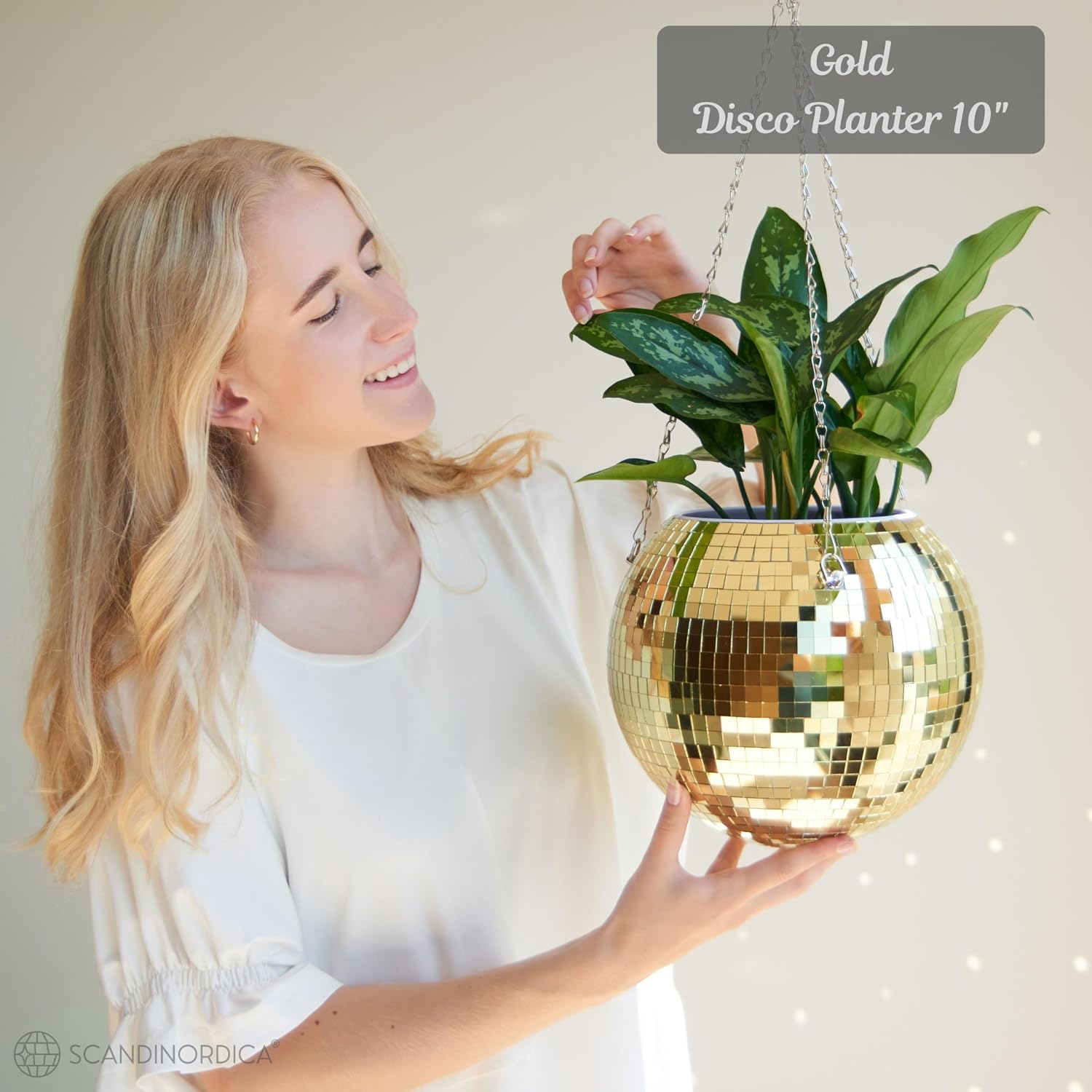 Disco Ball Planter – Value Package: Mirror Disco Planter with Chain, Macrame Hanger and Acrylic Stand for Desk