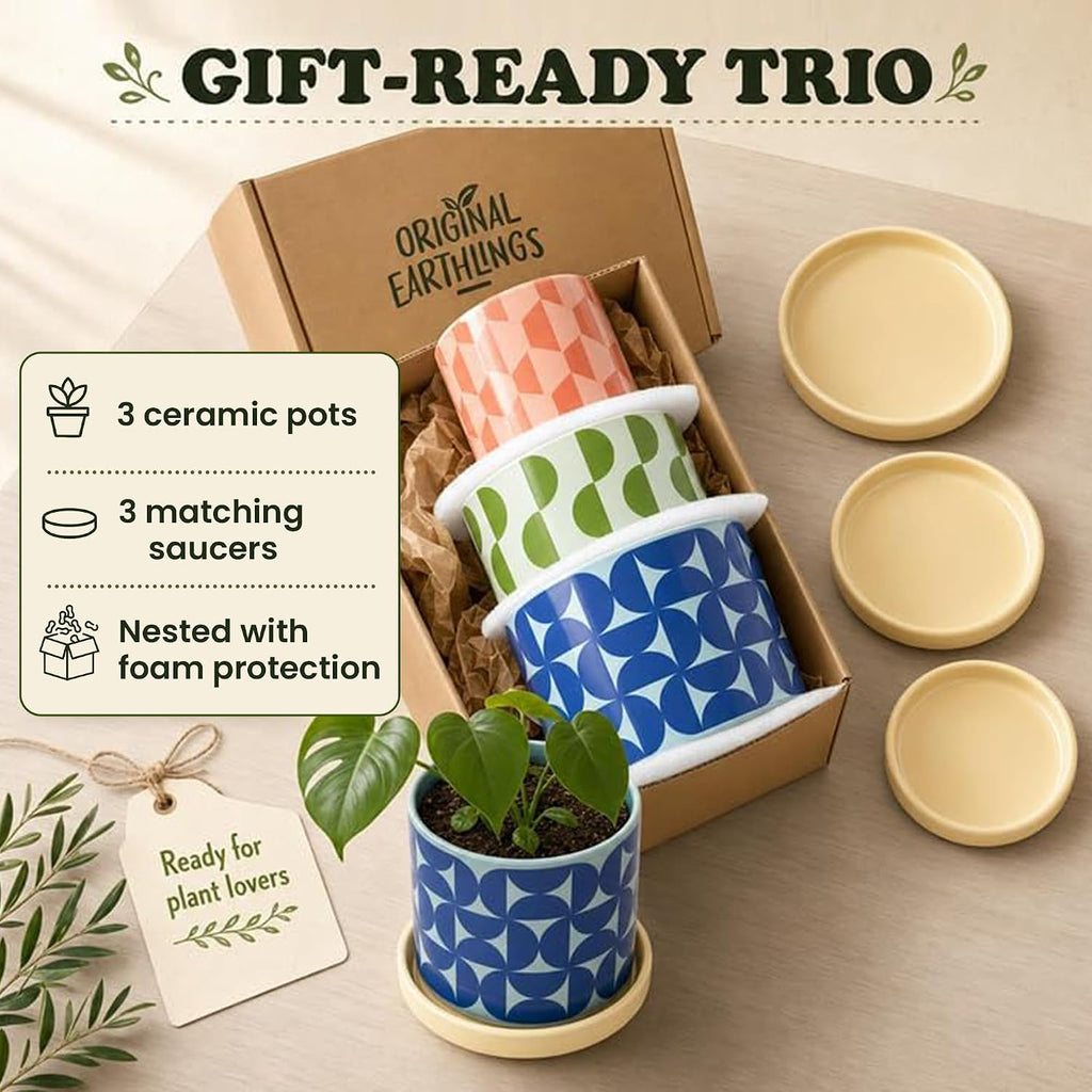 Ceramic Plant Pots, Indoor Planters - Set of 3 | Flower Pots for Plants with Drainage Hole & Saucer, Geometric Home