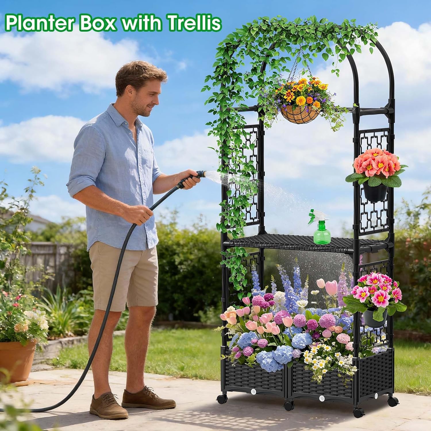 Planter Box with Trellis,5.9ft/71in Self Watering Raised Garden Bed with Wheels and Storage Shelf,Drainage Holes,for