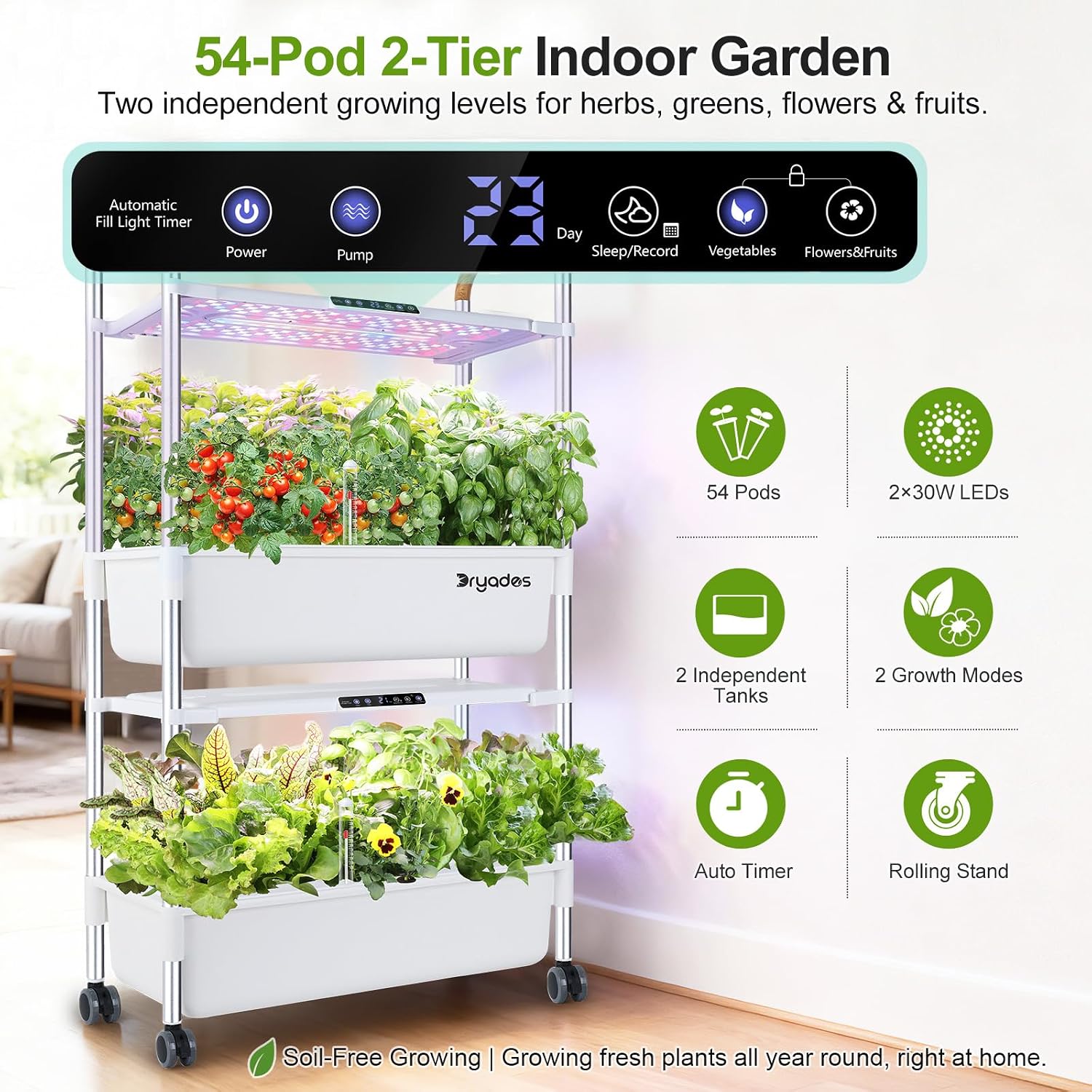 54-Pod Hydroponic Growing System, 2-Tier Indoor Garden for Herbs & Vegetables with 2×30W Full-Spectrum LED Grow Lights