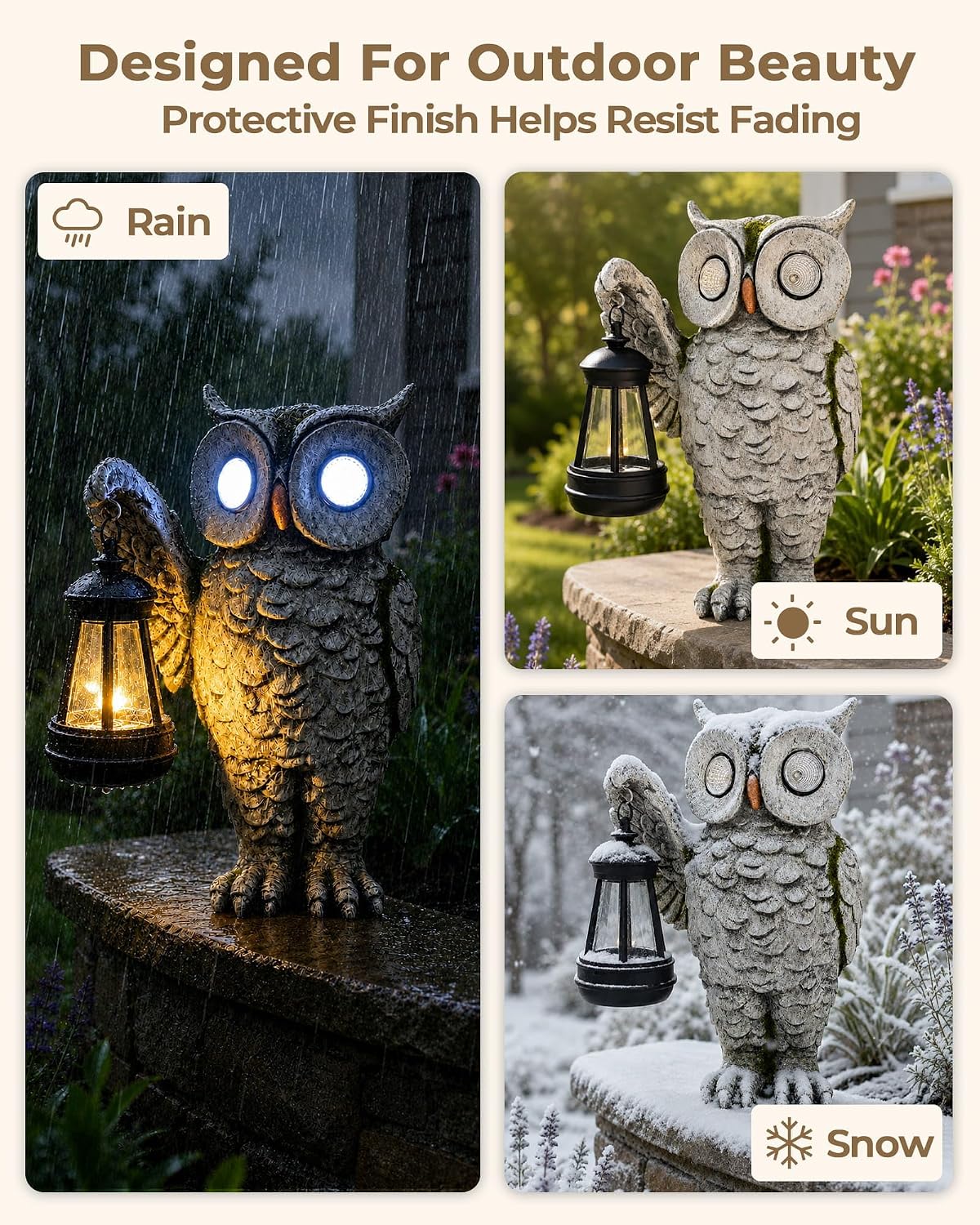 Solar Owl Garden Statue, Stone-Look Resin with Lantern | Glowing Eyes Auto Dusk Lighting Hand-Painted Finish