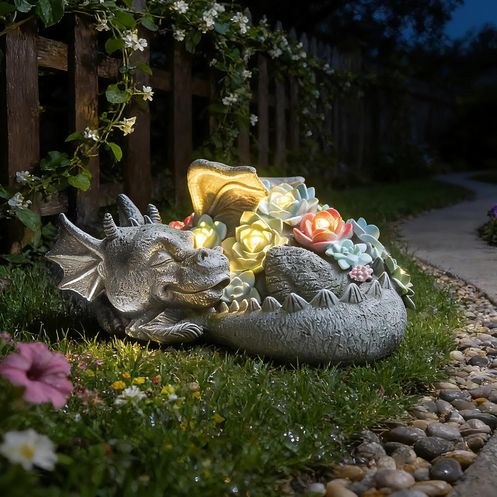 Solar Dragon Garden Statue, Sleeping Dragon with Solar Light Succulent | Coiled Dragon Figurine Solar Light, Waterproof