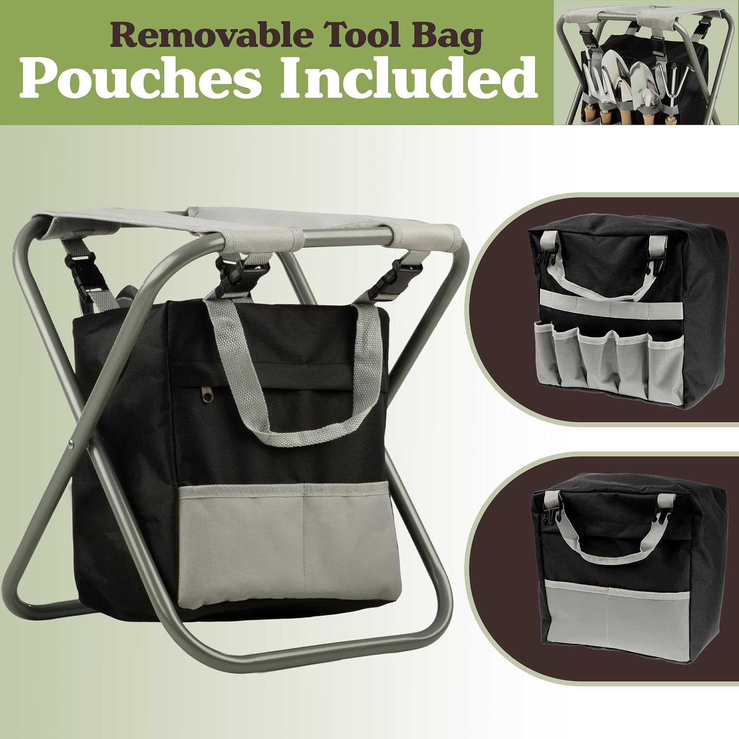 Pure Garden Folding Stool with 250lb Capacity and Garden Tools Set, Gray | Includes Detachable 7 Pocket Bag and 5