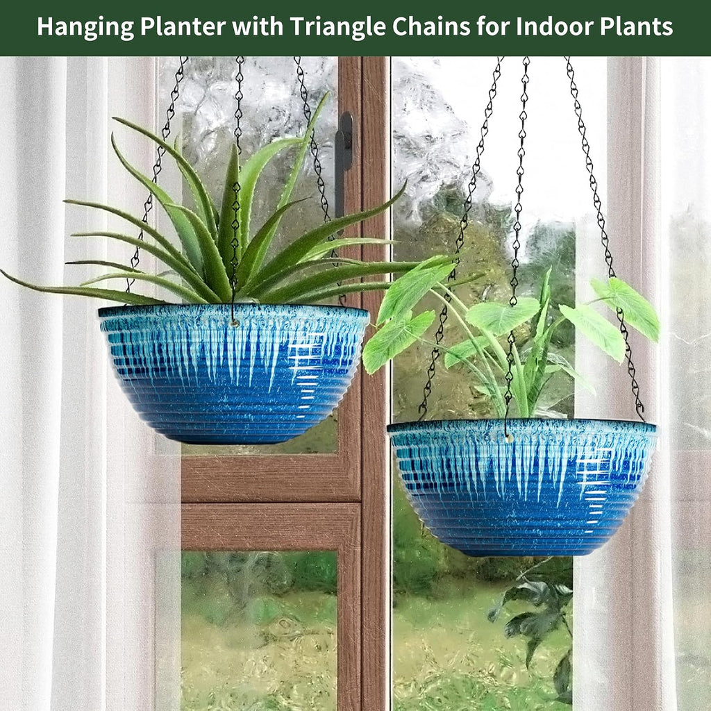 12 inch Large Hanging Planters for Indoor Outdoor Plants, Set of 2 Glazed Hanging Flower Pots with Drainage Hole