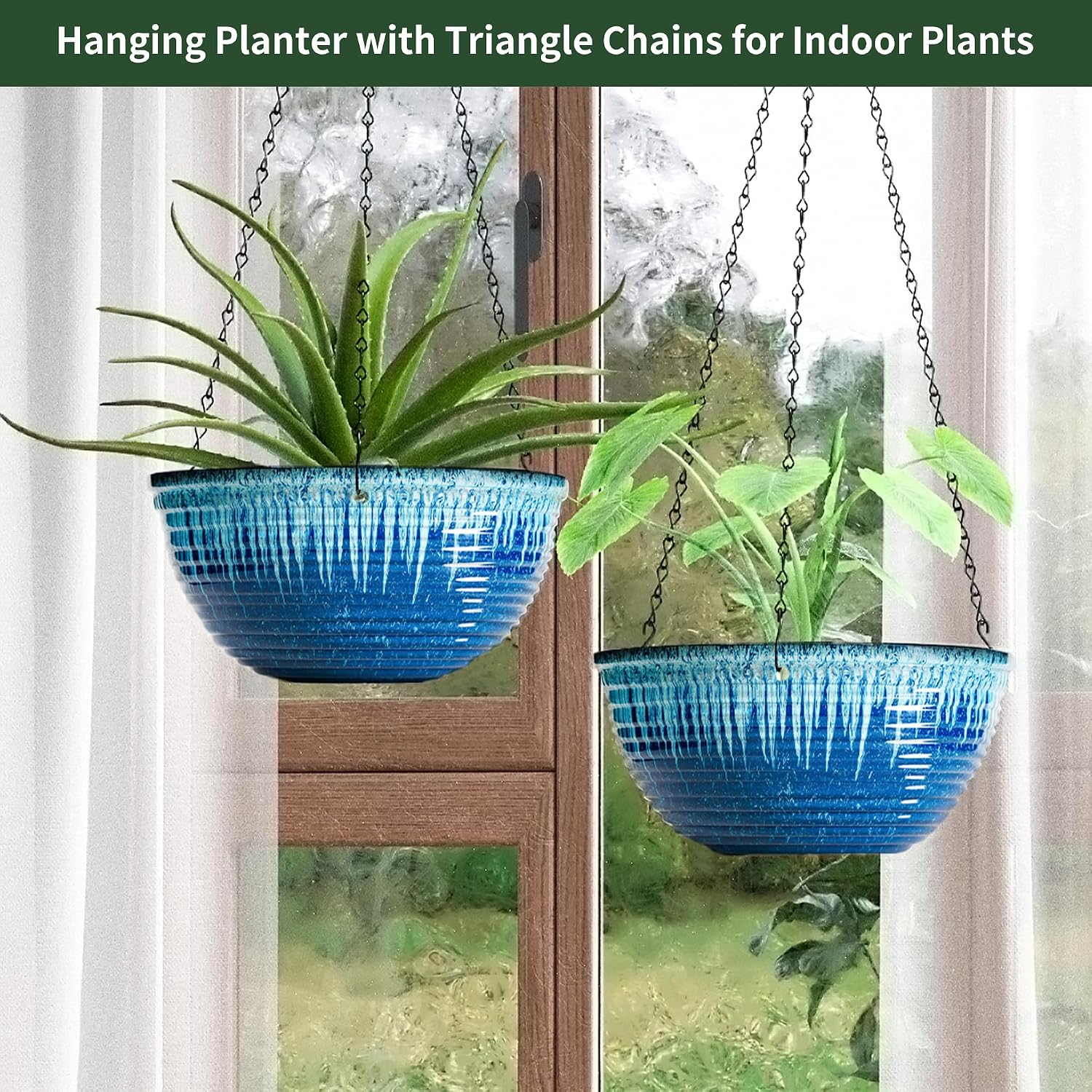 12 inch Large Hanging Planters for Indoor Outdoor Plants, Set of 2 Glazed Hanging Flower Pots with Drainage Hole
